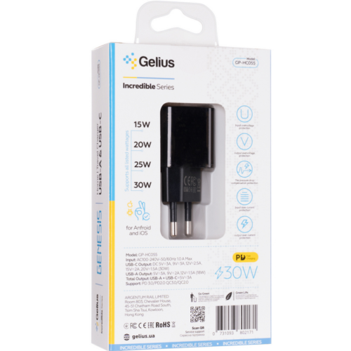 Сетевое зарядное устройство Gelius Genesis GP-HC055 USB+Type-C 30W GaN (Incredible series) Transparent Black